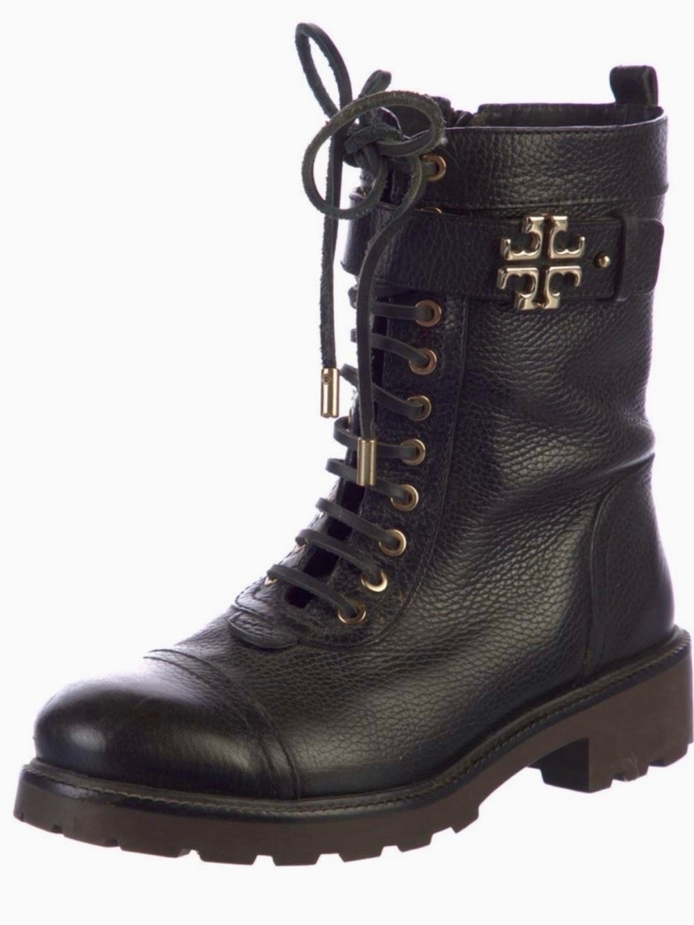 Tory Burch Black Leather Lace-Up Combat Boot with Gold Logo